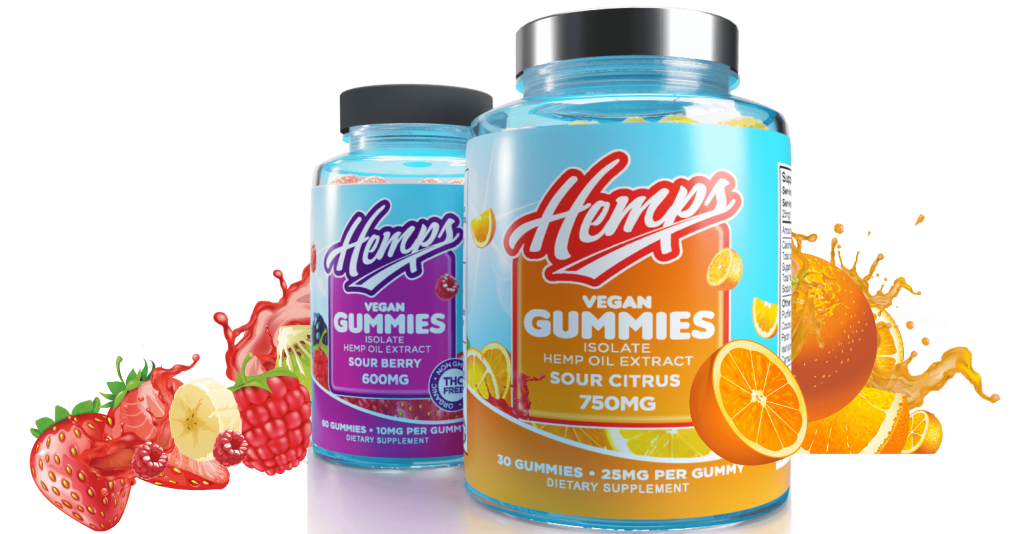 Hemps Gummies 600mg and 750mg bottles with fruits in background