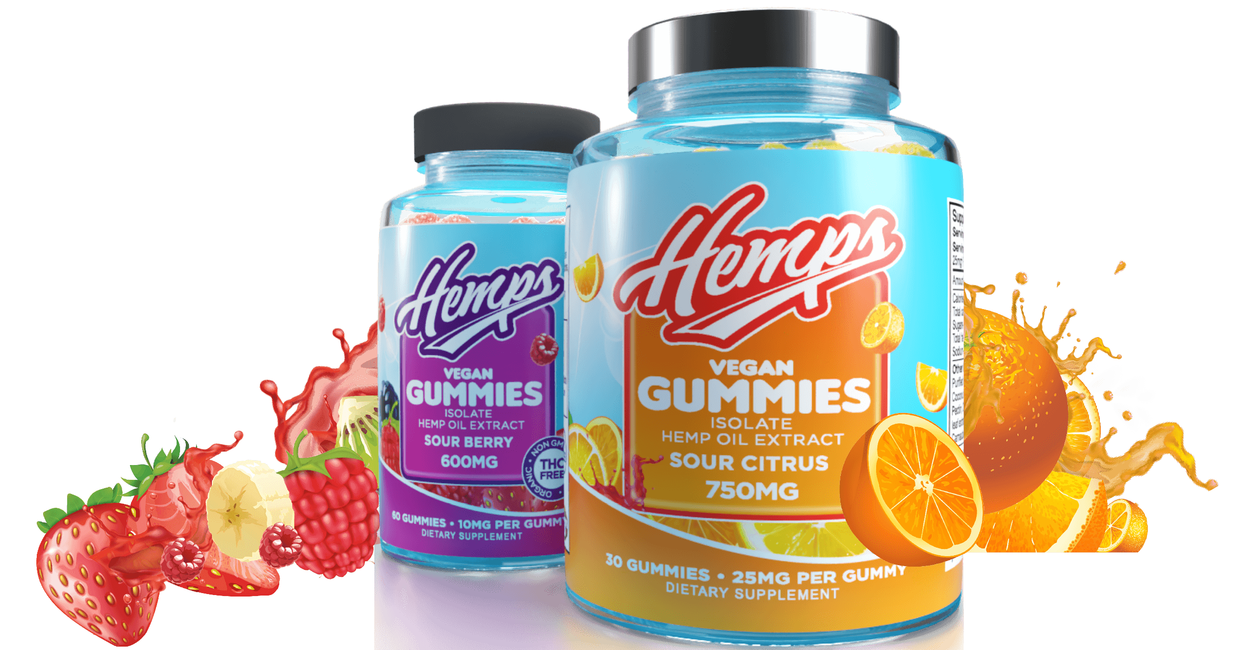 Hemps Gummies 600mg and 750mg bottles with fruits in background